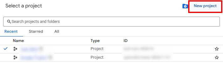 Google Cloud project selector with the New Project button highlighted.